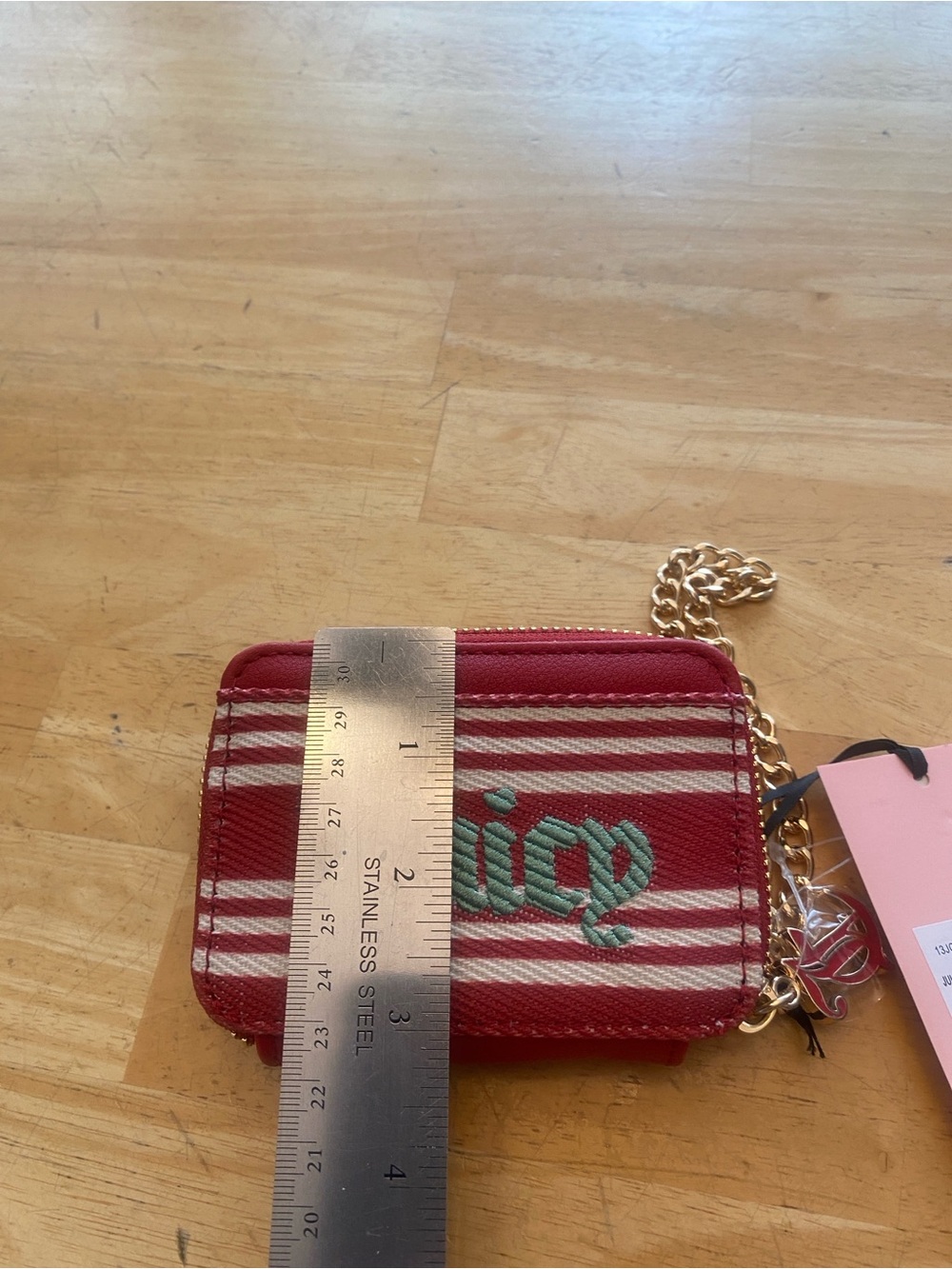 Juicy Couture Red Striped Zip wallet Id Card Holder w Chain & JC charm NWT - Picture 7 of 8